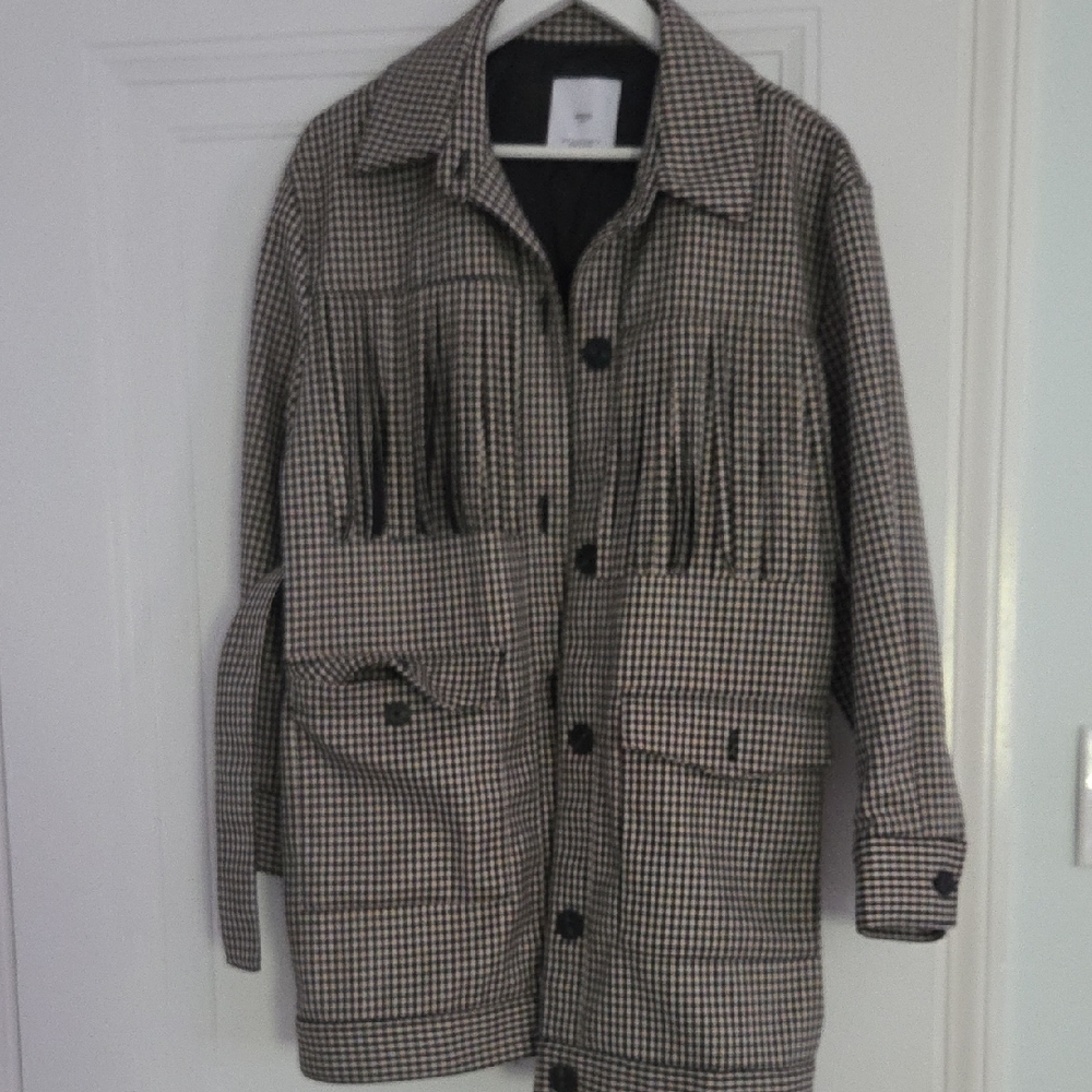 Mango Plaid Jacket with Button Closure and Fringes